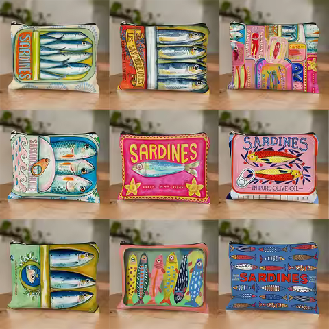 Artistic Sardine Makeup Bag, Multilingual Label Design with Chili & Lemon, Cosmetic Pouch for Women 