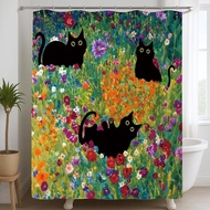 Black Cat Shower Curtain, Funny Cat Garden Flower Bath Tub Curtain, Aesthetic Waterproof Bathroom De
