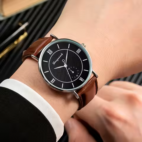 New 2024 Geneva Men Watch Roman Numerals Blu-Ray Faux Leather Band Quartz Analog Business Wrist Watc