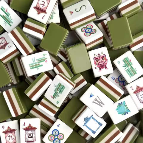 Luxury Olive Green Taupe Mahjong Tiles Set 160 Standard Four Layer Acrylic Engraved Nature Inspired 