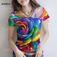 เสื้อยืด เสื้อผ้าผู้หญิง 2568 เสื้อลายดอกสงกรานต์ เสื้อคอวีผู้หญิง เสื้อลายดอก เสื้อแฟชั่นผญๆ เสื้อเ