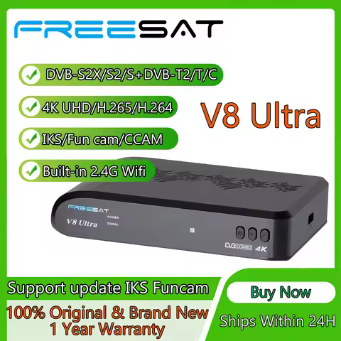 FREESAT V8 Ultra Satellite Receiver DVB-S/S2/S2X DVB-T/T2/C 4K UHD H.265 H.264 BISS PowerVu IKS CCAM