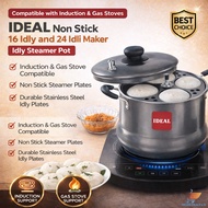 IDEAL Stainless Steel Non Stick Idli Maker 16 & 24 Idli Steamer Pot Induction Compatible Gas Stove I