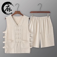 ✨3128 People Praise Vest Set Summer Loose Breathable Thin Style Tang Suit Vest Shorts Buttoned Retro