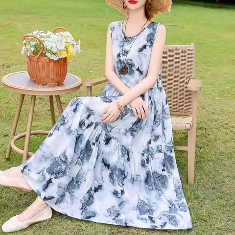 New Fashion Boho Long Dress for Women O-Neck Sleeveless Print Large Beach Long Dress Elegant Women's