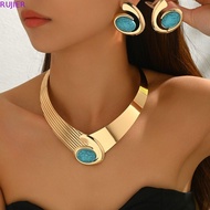 RUJIER Necklace Earrings Set, Black/Blue/Rose Pink Exaggerated Geometric Jewelry Set, New Oval Stone