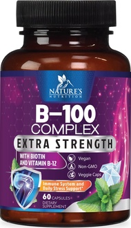 B Complex Vitamins with Vitamin B1 B2 B3 B6 B12 B100 C Biotin Folate & Folic Acid - Supplement for E