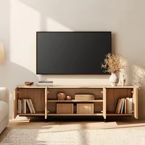 Modern TV Stand for 32-75 Inch TVs, Wood Entertainment Center with Storage Cabinets, Media TV Consol