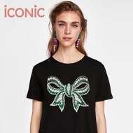 iCONiC BLACK GREEN Diamonds are a girl’s best friend T-shirt #20463 สีเขียว - เสื้อยืด สีดำ ผ้าคัทต้