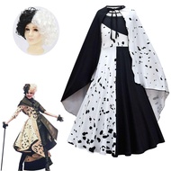 Halloween Children's Costume - 101 Dalmatians Cruella with Black & White Long Skirt, Cloak & Wig