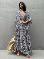 Boho Leopard Print Beach Dress Swimsuit Cover Up 2023 Summer Women Kimono Long Dresses Beachwear Cov
