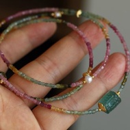 天然原礦 彩虹碧璽 淡水珍珠 碧璽隨形 螢石回紋桶珠設計多圈手串