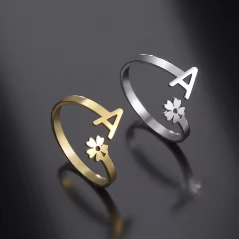 Stainless Steel Flower 26 Alphabet Open Ring for Women A-Z Initial Name Ring 2022 New Fashion Jewelr