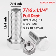 Stainless Hex Bolt 7/16 X 1. 1/4 - Hexagon Bolt 7/16X1. 1/4 SS304 SUS304/ A2-70 Full thread/