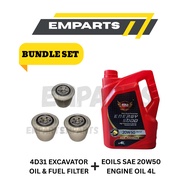 (3 BOTOLx4L) 12 LITER SAE 20W50 Engine Oil + (1 SET) 4D31 Excavator Oil & Fuel Filter MS110-8/MS110-