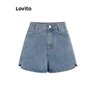 (Trendy) Lovito Casual Denim Shorts Plain Split Pocket Denim Shorts for Women L68ED114 (Multi-color)