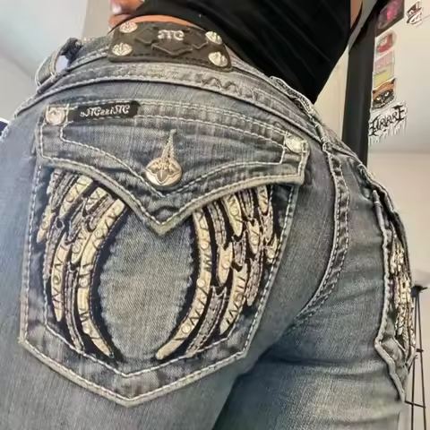Y2K New Retro Miss Me Boot Cut Jeans Women's Blue Jeans Embroidered Wing Pocket Hip Hop Harajuku Got