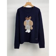 KTV4 R-L Bear Women's Pullover - Navy Blue & White Wool Blend with Knitted Embroidery