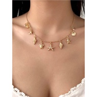 Bohem necklace with turtle face, starfish, seashell, beach travel, beach necklace