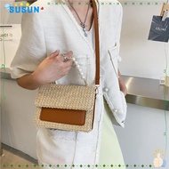 SUSUN Ladies Handbag, Metal Weave Straw Beaded Messenger Bag, Simple Straw Pearl Small Square Bag Women