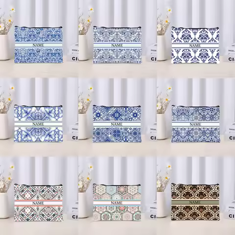 Blue And White Custom Name Full Print Cosmetic Bag Fashion Blue White Porcelain Women Travel Perfume