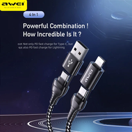 Awei CL-126 One line four charging fast charging data cable 2 TYPE-C, 1 USB, 1 Lightning braided cable 1.2m aluminium alloy shell up to 60W fast charging cable