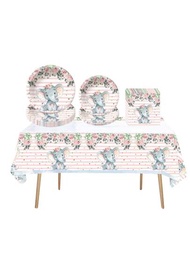 41入組粉色小象餐具套裝-20個餐巾紙, 10個9英寸盤子, 10 個 7英寸盤子,1張桌布-新品粉色小象一次性餐具套裝,含派對用桌布