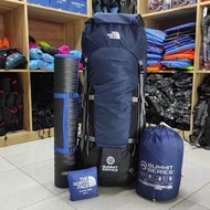 Paket Tas Carrier (Tas merk The North Face 60 L, matras, Sleeping bag, dan rain cover)