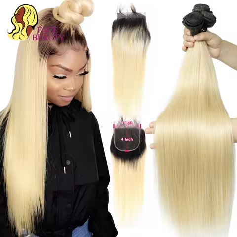 Facebeauty 4 by 4 Lace Closure with Bundles 3 4 Remy Brazilian Straight Hair Ombre 1B 613 Blonde Bun