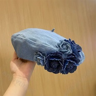 Chic Denim Beret with 3D Floral Accent Trendy Color Block Foldable Painter Cap for Women