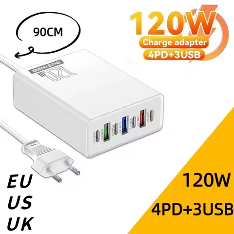 120W 7 Port Desktop Phone Charger Adapter USB Type C Fast Phone Charger Adapter with 90cm For iPhone