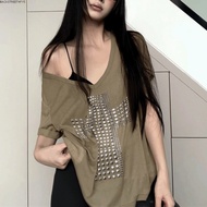 Backstreet4fzs V-neck T-shirt - Women's Vintage Cross Print with Sheer Shoulder Detail