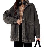 Women Denim Jacket Retro Single-breasted Loose Turn-down Collar Long Sleeves Solid Color Pockets Plu