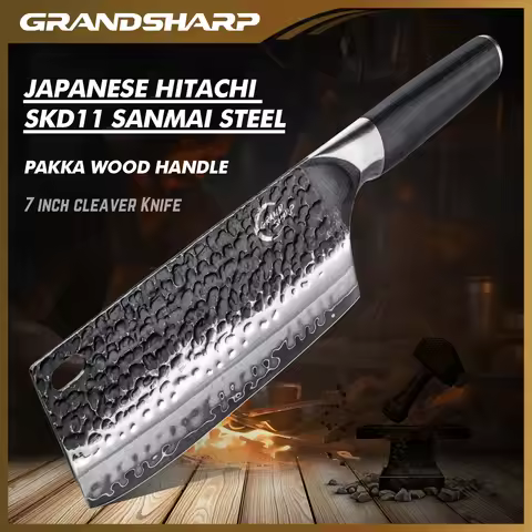 Grandsharp Cleaver Knife Japan Hitachi SLD 3 Layers Steel (SKD11) Black Pakka Wood Durable Kitchen K