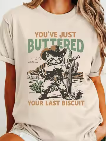 SHEIN LUNE Ladies Casual Crew Neck T-Shirt With Cat Print And English Alphabet Print