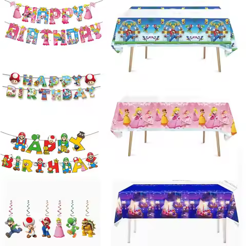 Mario Luigi Peach Princess Yoshi Toad Cake Insertion Cards Banner Spiral Tablecloth Mario Theme Birt