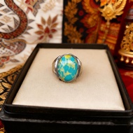 Cincin Batu Akik Pirus Mesir Biru Pirus Nevada Urat Kuning 18x13mm Ring Monel Tanam Terbaru