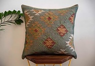 Handwoven Kilim Cushion Cover, 45 cm x 45 cm, Traditional Rug Wool Jute Pillow Case, 18 by 18 inch, 