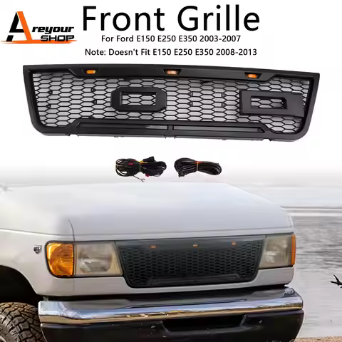 Black Front Bumper Grill Grille Fit for Ford E150 E250 E350 2003-2007 With Led