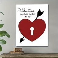 1pc Romantic "You Hold The Key To My Heart" Framed Canvas Poster - Rustic Wooden Wall Art With Red H
