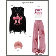 GREYCIE Set of women's tank top, tank top, wide leg jeans, pink, black and white, personality S38 S3