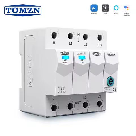 TOMZN WIFI Smart Circuit Breaker 3P+N AC180-450V 1-63A 50Hz 60Hz DIN Rail EWeLink 3 Relays Cut off L