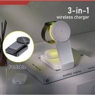 【Ready Stock】Magnetic Wireless Charger 3-in-1 Foldable Wireless Charger Stand 15W Qi Wireless Fast C
