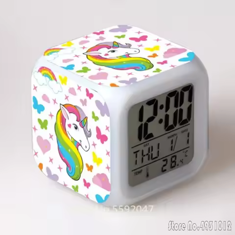 Anime Colorful Unicorn Cartoon Alarm Clock Creative Student 8x8x8cm LED Cube with Colorful Light Dis