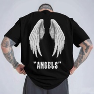 Black T-Shirt With Angel Wings Graphic And ANGELS Text - Men's Tattoo Sleeve Design - Casual Short S