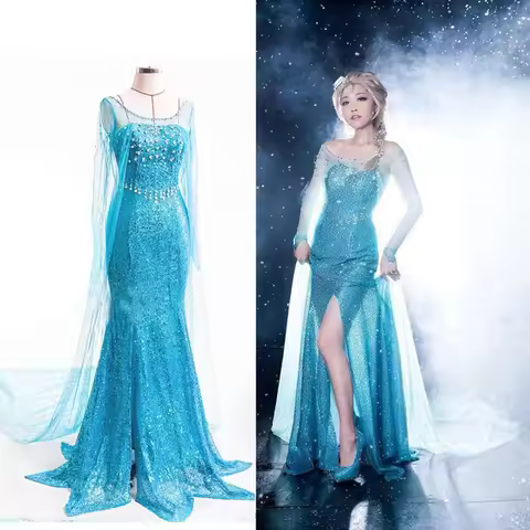 Frozen Elsa Princess Long Dress Sequin Mesh Elsa Costume Adult Snow Queen Costume Party Dress Hallow