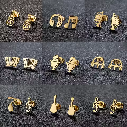 Mini Music Earrings Fashion Accordion Microphone Gitar Stainless Steel Earring for Women Girls Music