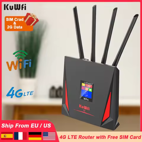 KuWfi 4G LTE Router CAT4 300Mbps Wifi Router 4G Modem with Free SIM Card RJ45 WAN LAN External Anten