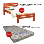 Single Wooden Bed Frame + Sea Horse Single 4inch Foam Mattress (Bedframe with seahorse mattress)