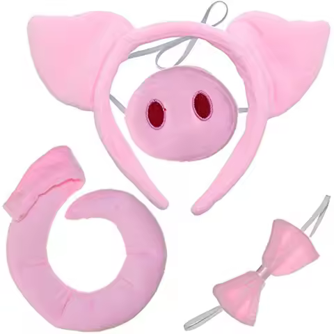 Skeleteen Pig Costume Accessories Set Fuzzy Pink Pig Ears Headband, Bowtie, Snout and Tail Kit Pigle